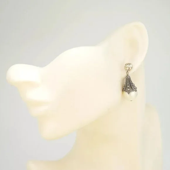 CHANEL CC Logos Pearl Dangle Stud Earrings Silver Gold Tone 03P Auth w/Box